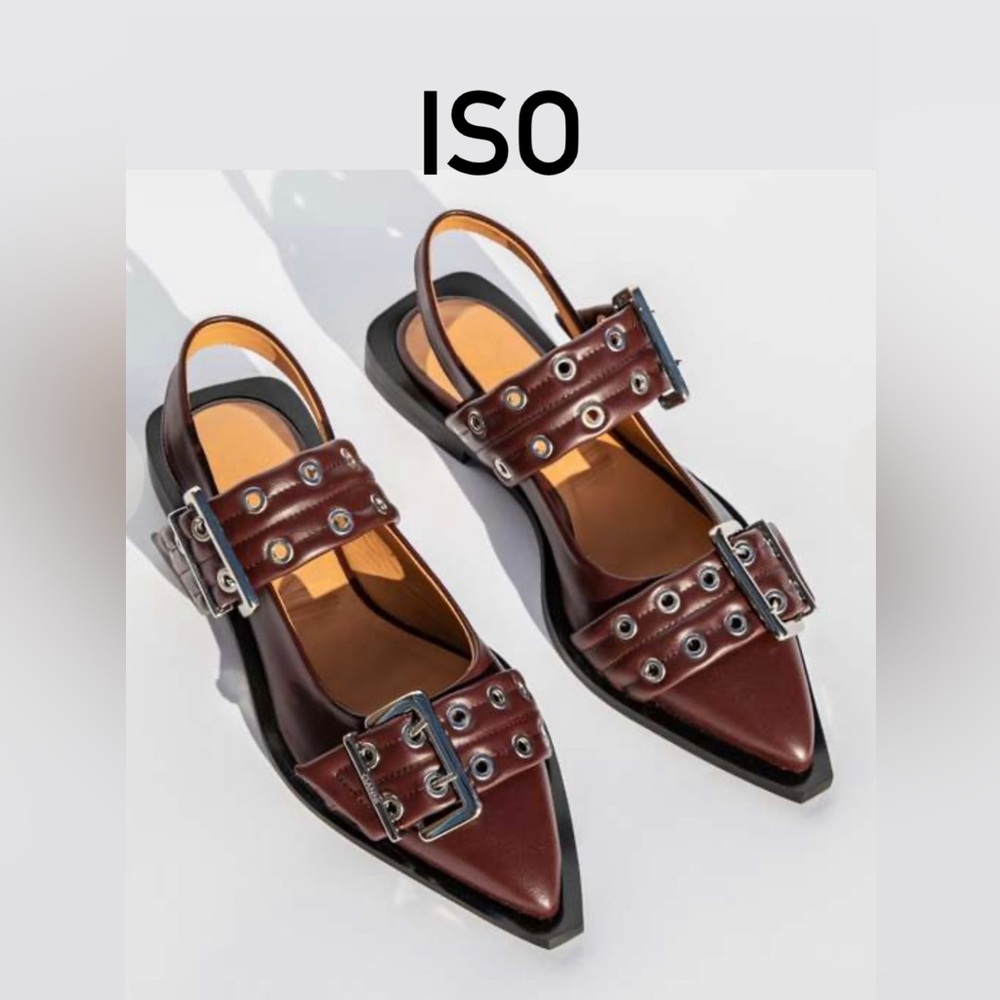 RESEARCH! Ganni Wide Welt Buckle Ballerina Flats BURGUNDY (EU 38 - US 7)